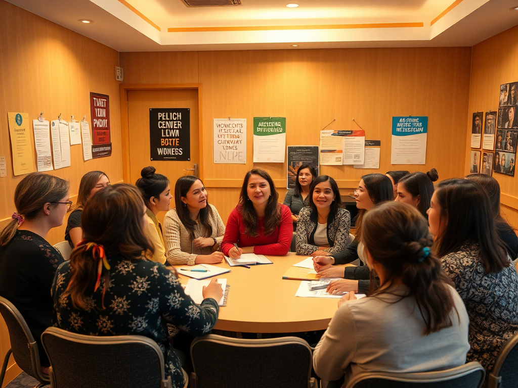 Groep diverse vrouwen in een seminar, dynamische discussies.