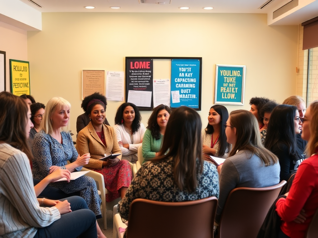 Een diverse groep vrouwen in een seminar, actief in discussie.