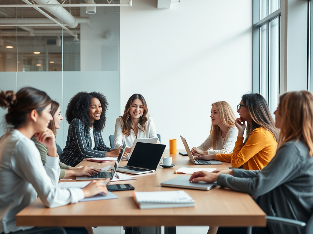 Een diverse groep vrouwen bespreekt samen in een moderne kantoorruimte.
