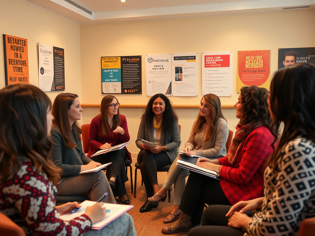 Een diverse groep vrouwen in een seminar ruimte, in gesprek.