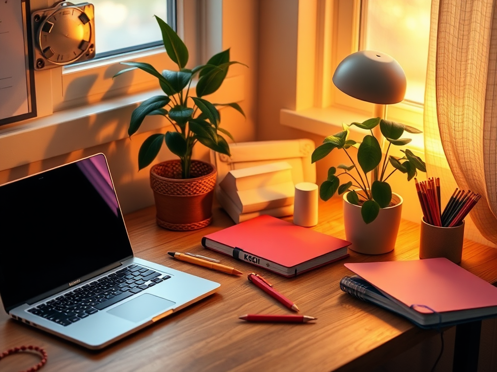 Een gezellige werkplek met een laptop, kleurrijke notitieboeken en planten.