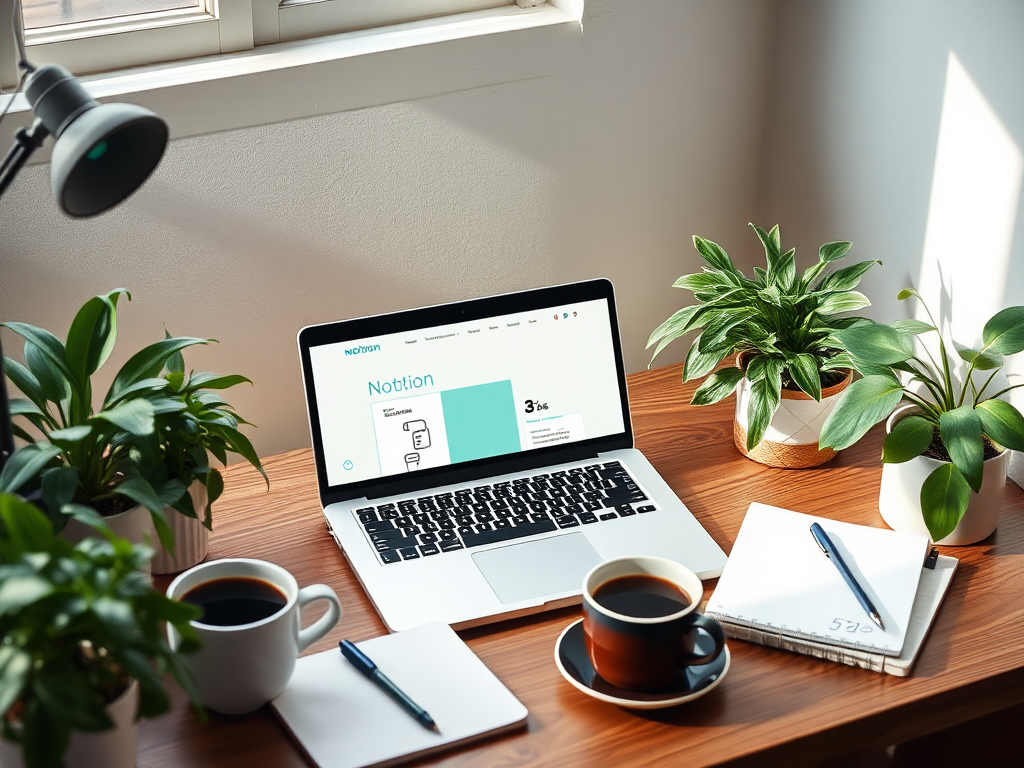 Een rustige werkplek met een laptop, planten en koffie.