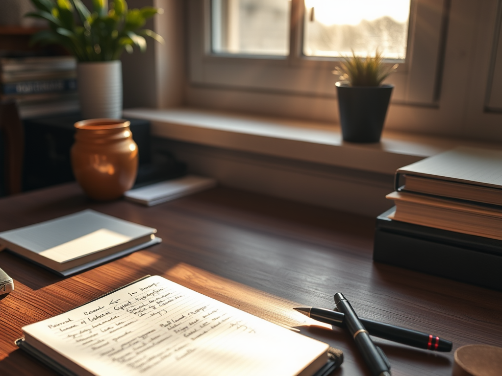 Een rustige werkplek met een houten bureau en notities.