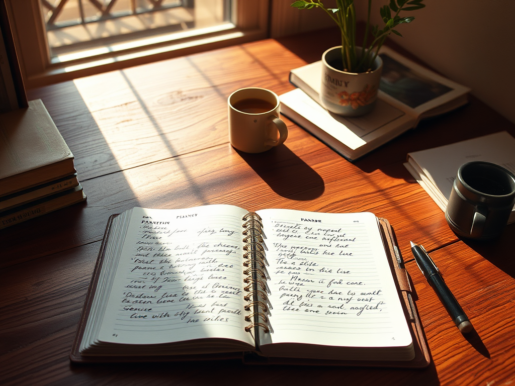 Een serene werkplek met een houten bureau en een open planner.