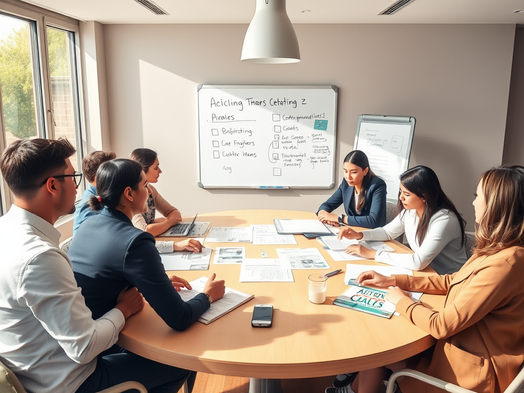 Een ronde tafel met diverse ondernemers die plannen bespreken.