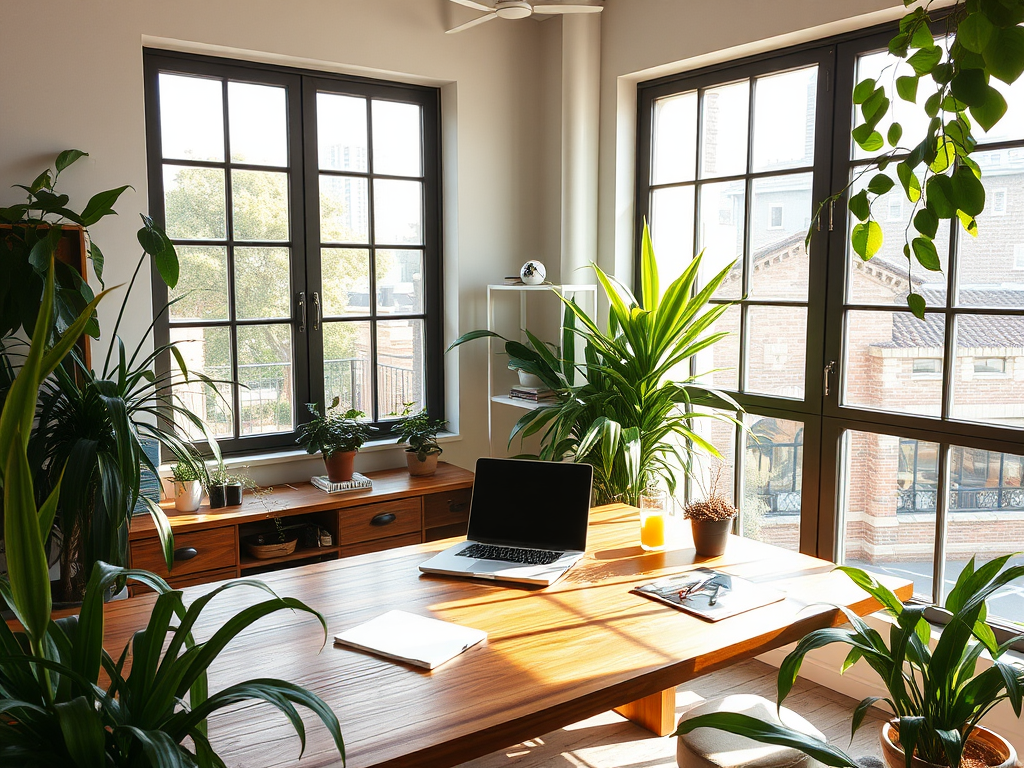 Een serene kantoorruimte met een houten bureau en planten.