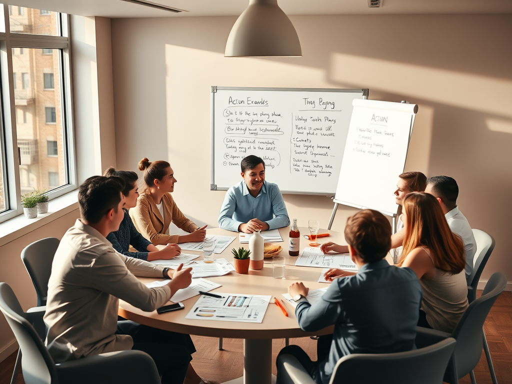 Een ronde tafel met diverse ondernemers die plannen bespreken.