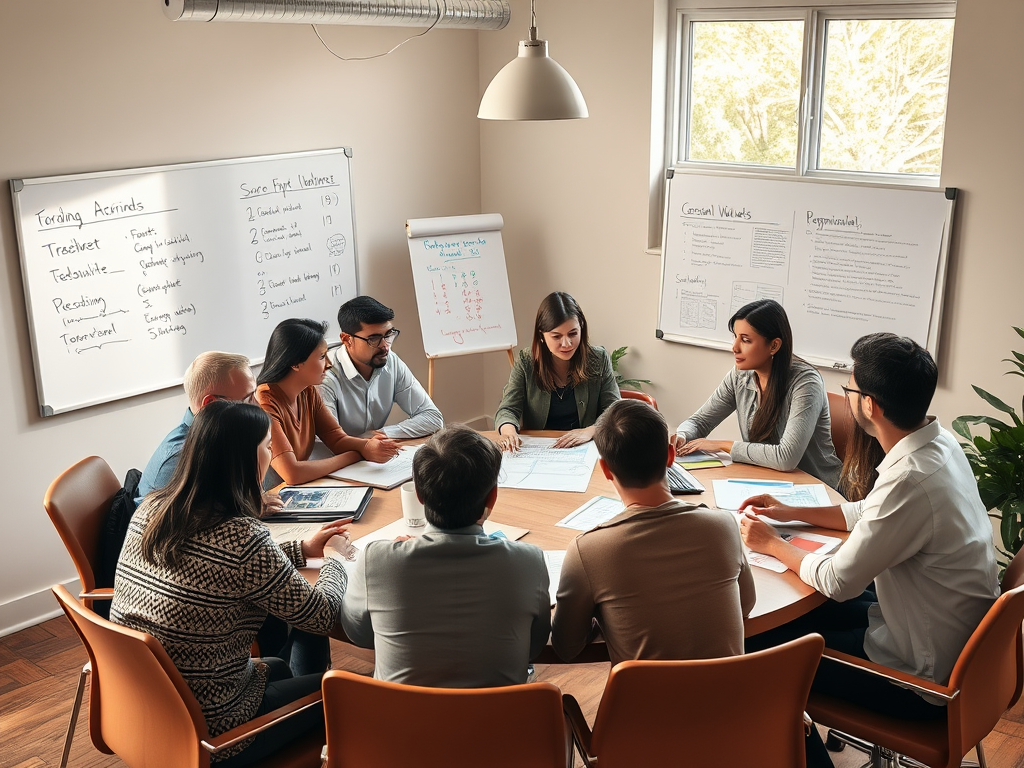 Een ronde tafel met ondernemers die plannen bespreken.