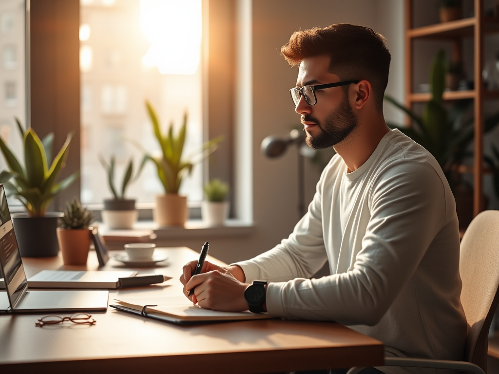 "a calm modern office" "an open notebook with pen" "soft sunlight streaming through window" "a focused entrepreneur deep in thought" "plants and minimalistic decor" "symbols of growth like arrows and graphs subtly integrated"