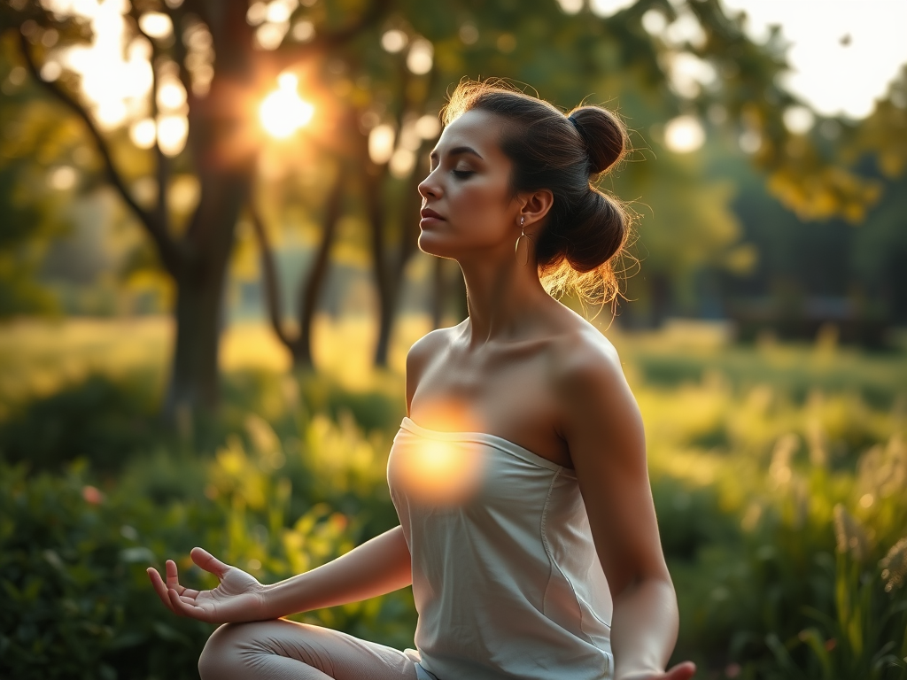 "A serene person practicing deep breathing outdoors" "soft glowing energy flowing through body" "gentle sunrise light filtering through trees" "peaceful natural setting with lush greenery"