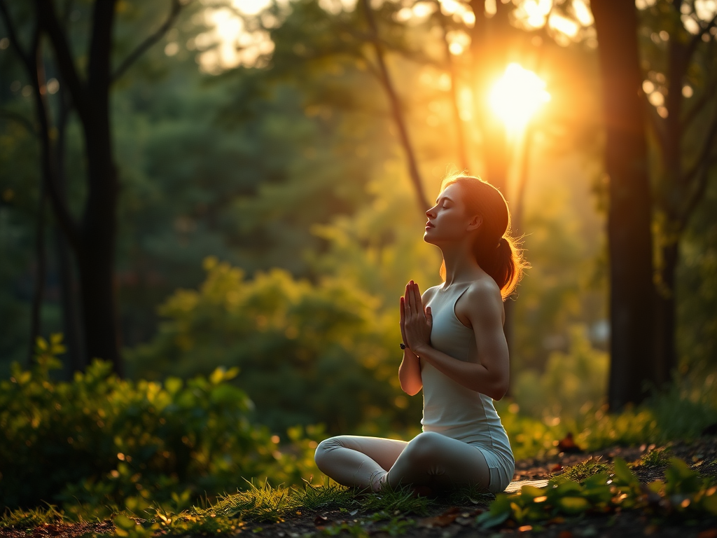 "A serene person practicing deep breathing outdoors" "soft glowing energy flowing through body" "gentle sunrise light filtering through trees" "peaceful natural setting with lush greenery"