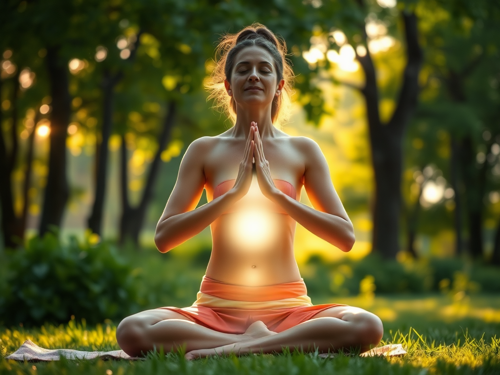 "A serene person practicing deep breathing outdoors" "soft glowing energy flowing through body" "gentle sunrise light filtering through trees" "peaceful natural setting with lush greenery"