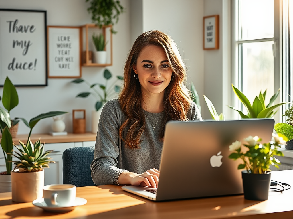 "Confident female entrepreneur" "working on laptop" "bright cozy home office" "plants and motivational décor" "sunlight streaming through window" "calm, focused expression" "modern workspace" "coffee cup nearby"