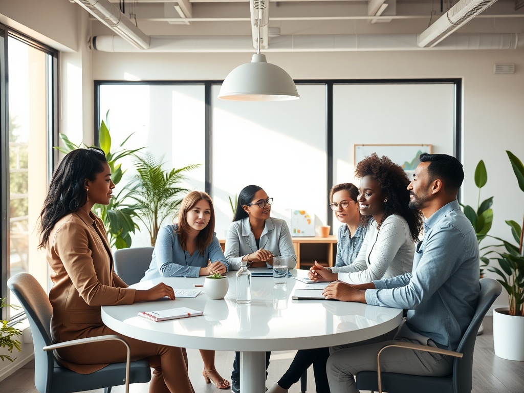 A serene office scene, "five diverse professionals" collaborating around a "modern round table," "soft natural light" filtering through large windows, "calm expressions," "minimalist decor," "growth charts and plants" subtly in background.