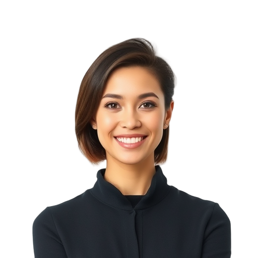 A confident woman smiling to the camera with a white background looking like