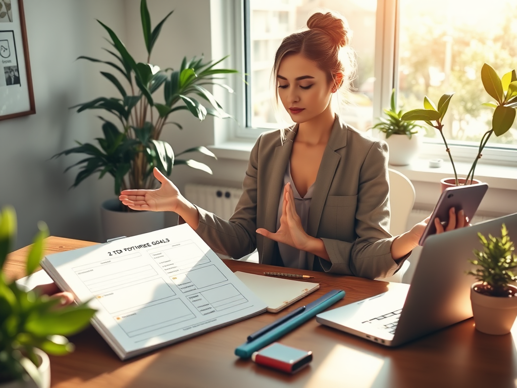 "bright morning light" "focused woman entrepreneur at desk" "planner with top three goals highlighted" "calm breathing exercise pose" "symbols of growth and motivation" "peaceful workspace with plants"