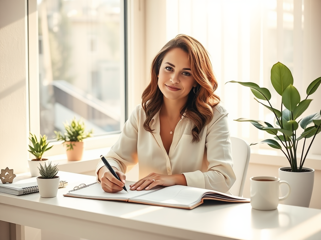 "a confident woman entrepreneur" "sitting at a bright desk" "writing in a planner" "sunlight streaming through window" "calm, focused expression" "plants and coffee cup nearby" "soft pastel colors" "symbols of growth like arrows or leaves subtly in backgr