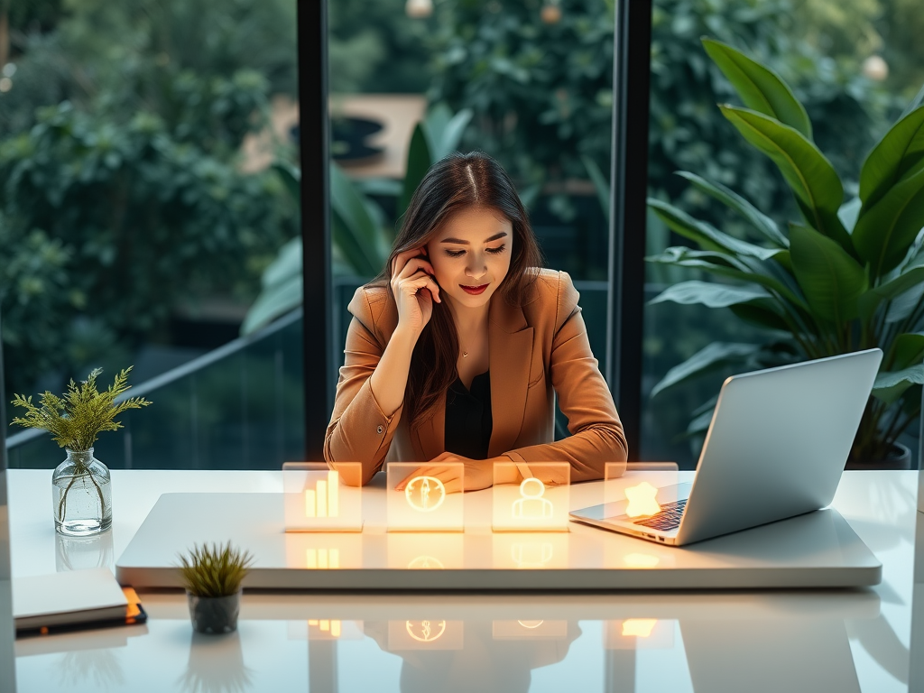 A confident woman entrepreneur "strategizing at a sleek desk" with "five glowing icons" representing powerful business moves, surrounded by "calm nature elements," embodying growth and energy.