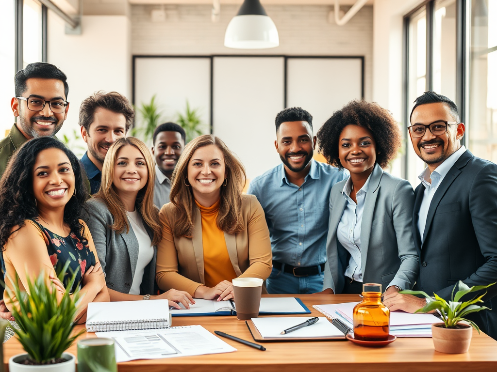 "a diverse group of confident professionals" "bright morning light" "modern workspace with planners and coffee" "expressions of focus, energy, positivity" "calm, organized environment" "subtle plants and natural elements"