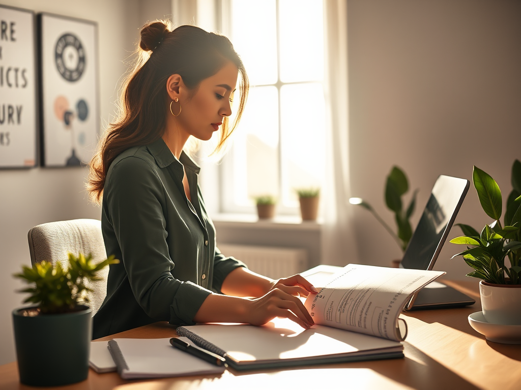 "bright morning light" "focused woman entrepreneur at desk" "planner with top three goals highlighted" "calm breathing exercise pose" "symbols of growth and motivation" "peaceful workspace with plants"
