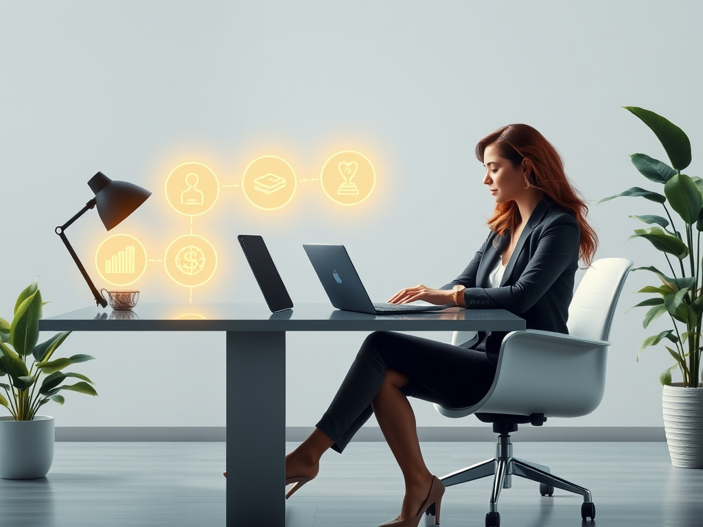 A confident woman entrepreneur "strategizing at a sleek desk" with "five glowing icons" representing powerful business moves, surrounded by "calm nature elements," embodying growth and energy.