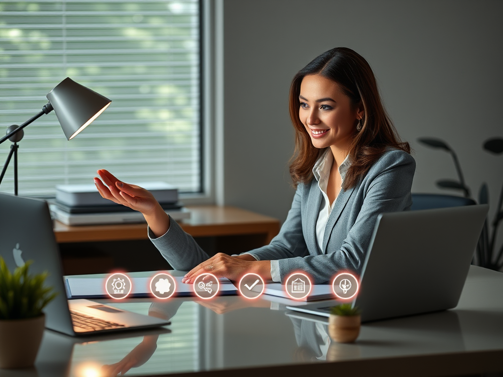 A confident woman entrepreneur "strategizing at a sleek desk" with "five glowing icons" representing powerful business moves, surrounded by "calm nature elements," embodying growth and energy.