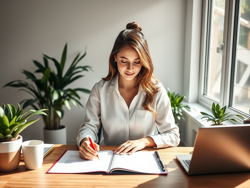 "bright morning light" "focused woman entrepreneur at desk" "planner with top three goals highlighted" "calm breathing exercise pose" "symbols of growth and motivation" "peaceful workspace with plants"