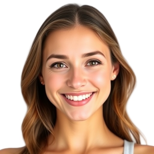 Een lachend persoon op een witte achtergrond.