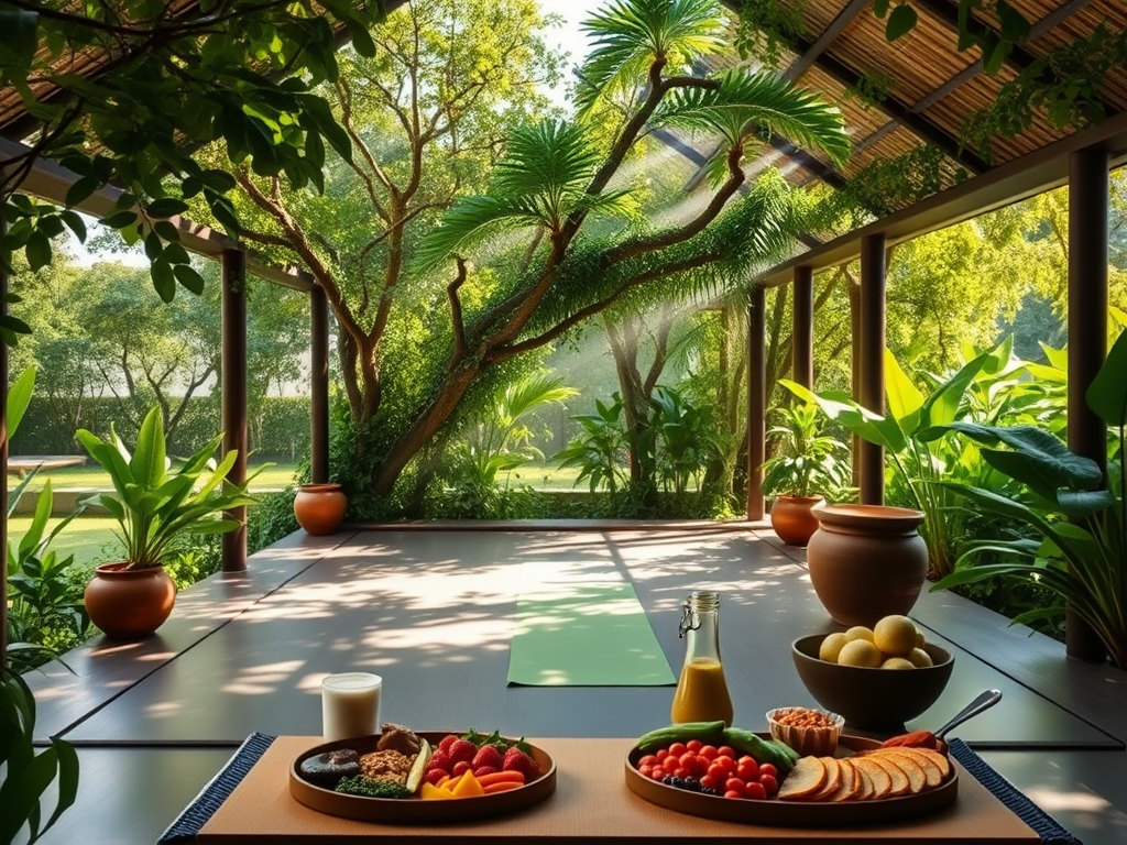 Een rustige wellness retraite met yoga ruimte en gezonde maaltijden.