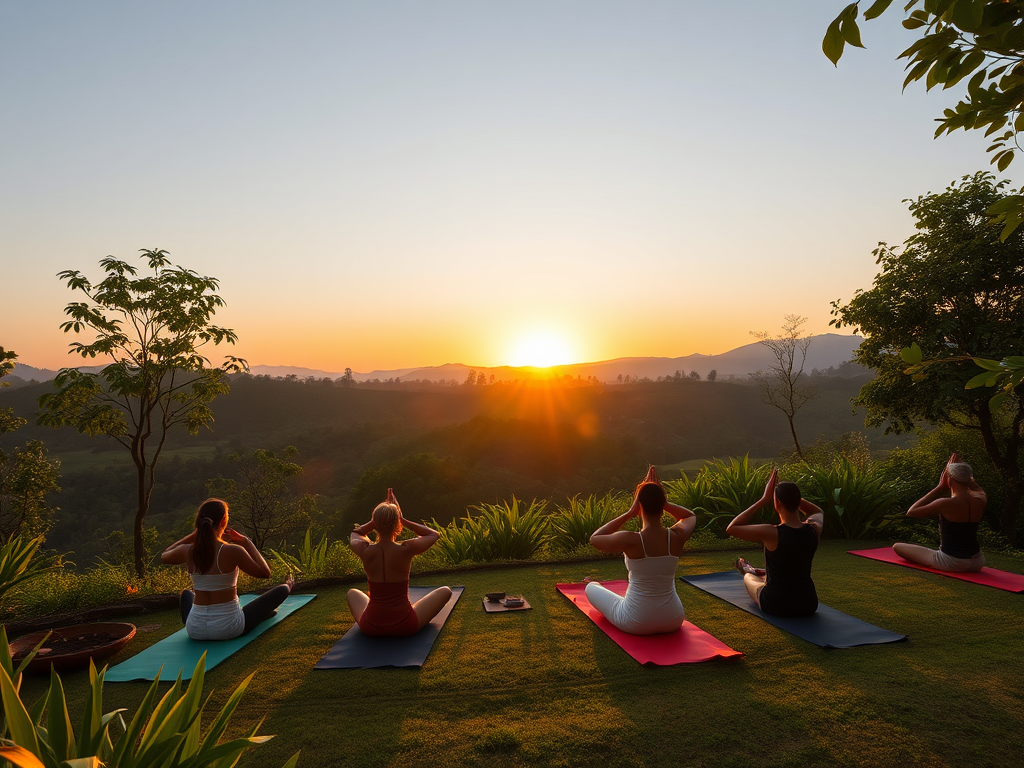Vrouwelijke yogabeoefenaars tijdens zonsopgang in de natuur.