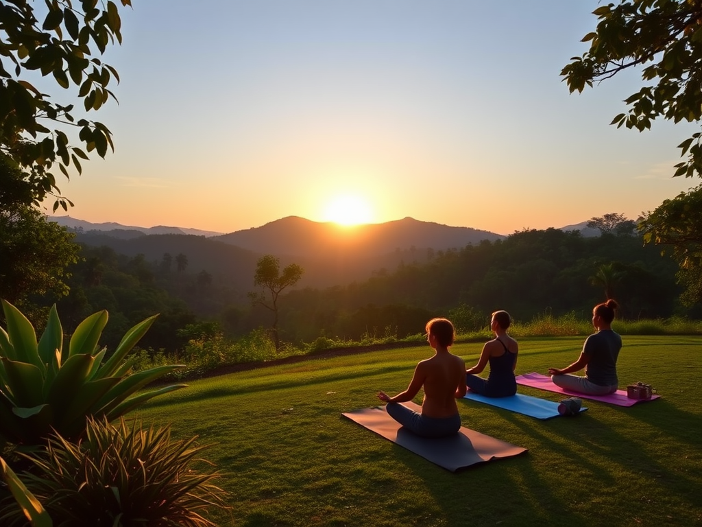 Rustige yogasessie bij zonsopgang in weelderige natuur.