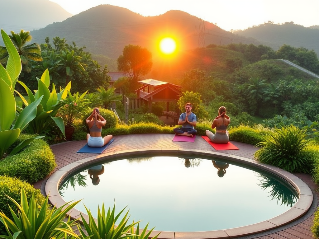 Rustige wellness retraite met yoga bij zonsopgang.
