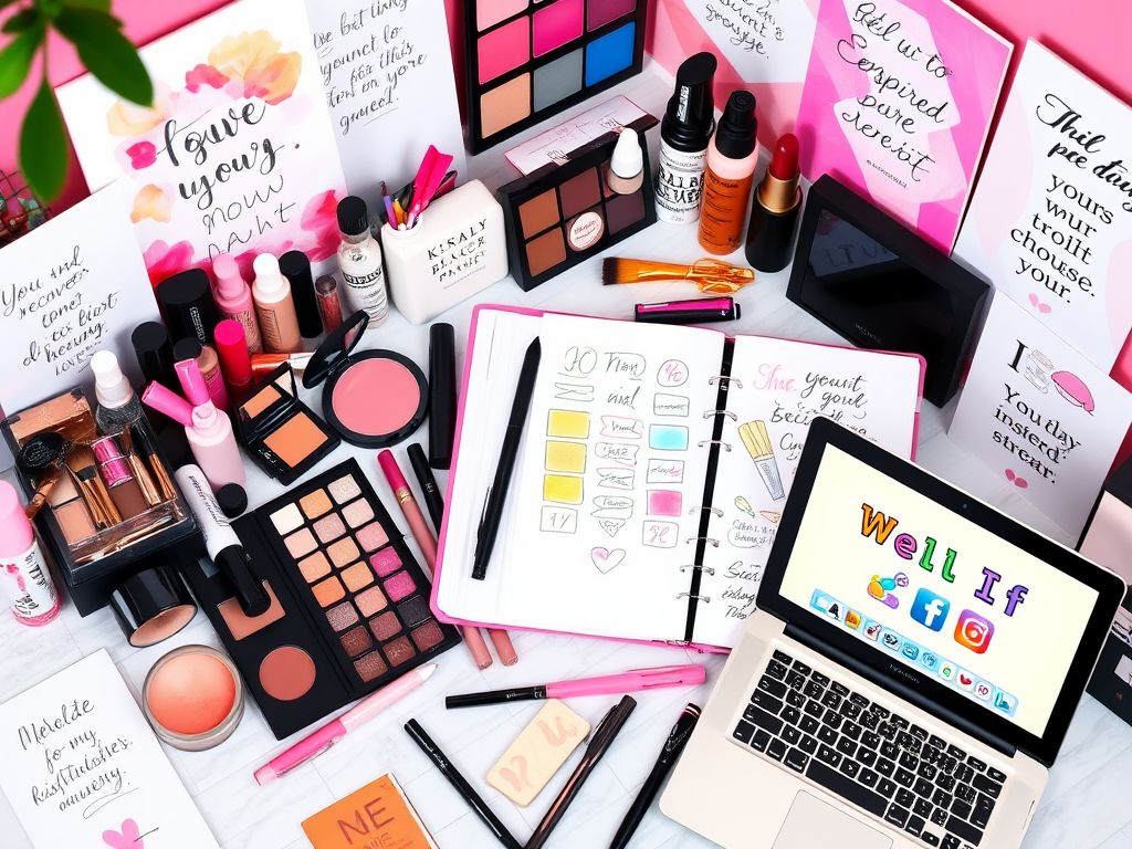 Een kleurrijke werkruimte met make-up, een planner en een laptop.