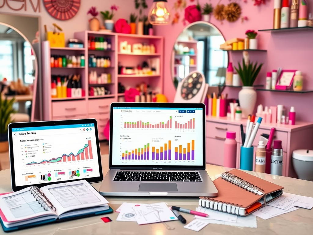 Een kleurrijke beauty studio met laptops en planners.