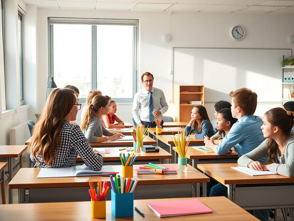 "A serene classroom scene" "mentor encouraging a diverse group of attentive students" "colorful educational tools on desks" "soft natural light" "calm and inspiring atmosphere"