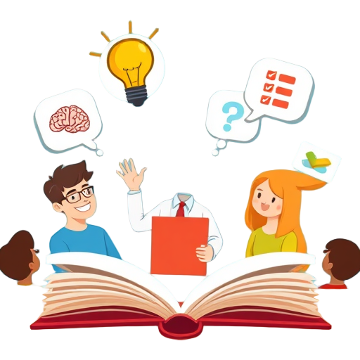 "open book" "light bulb" "thought bubbles" "smiling teacher" "engaged students" "checklist" "puzzle pieces" "speech bubbles" "brain icon" "hand raising"