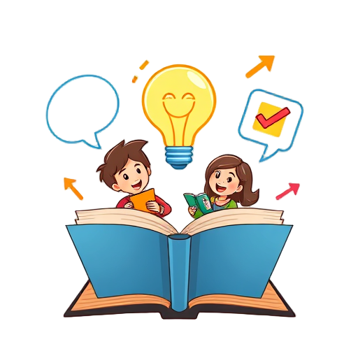 "open book" "glowing lightbulb" "happy students" "thought bubbles" "colorful toolkit" "motivational arrows" "checklist clipboard"