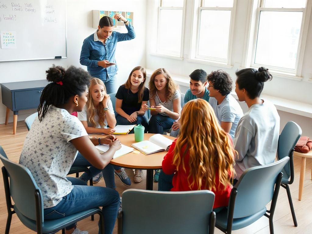 A diverse group of teens seated in a circle in a bright classroom, warm lighting, open notebooks, sticky notes, calm supportive teacher nearby, collaborative mood, motivational energy.