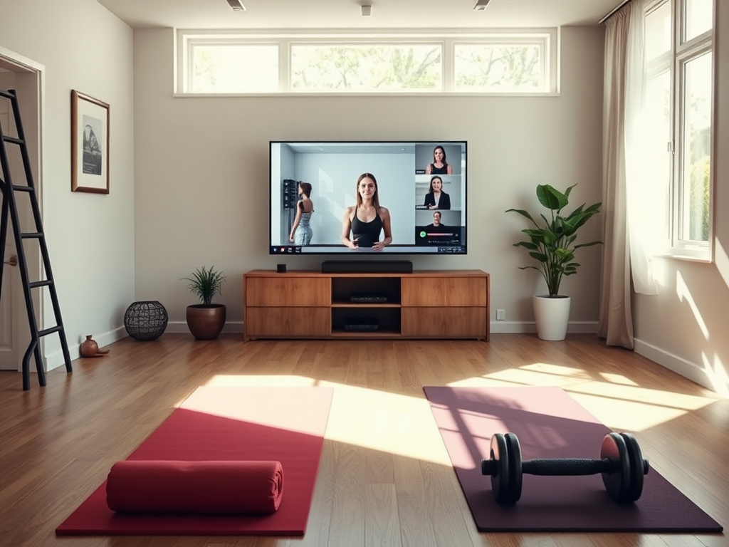 Een gezellige thuisgym met yogamatten en gewichten.