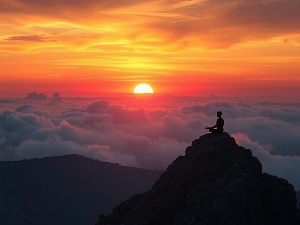 Meditatie op een bergtop bij zonsopgang.