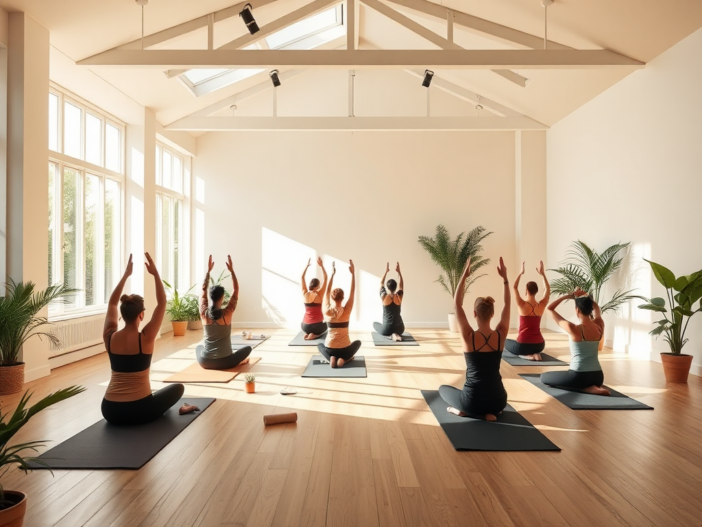 Een serene yogales in een zonnige studio.