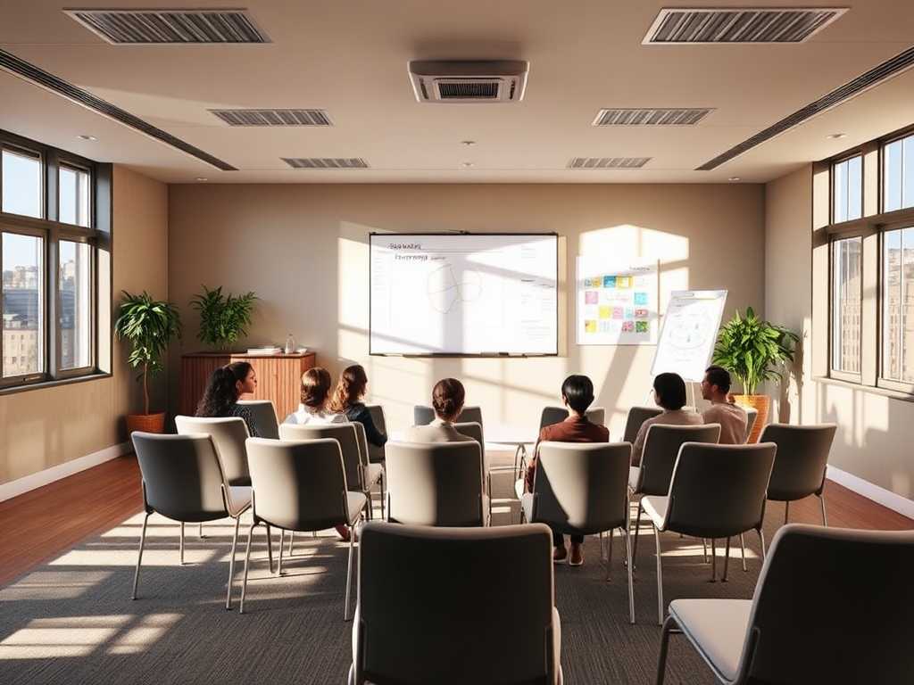 Een rustige trainingsruimte met natuurlijke lichtinval.