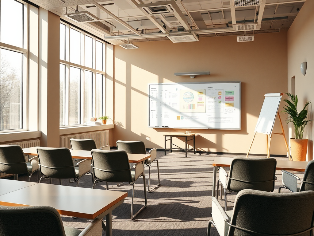 Een lichte trainingsruimte met comfortabele stoelen en een whiteboard.