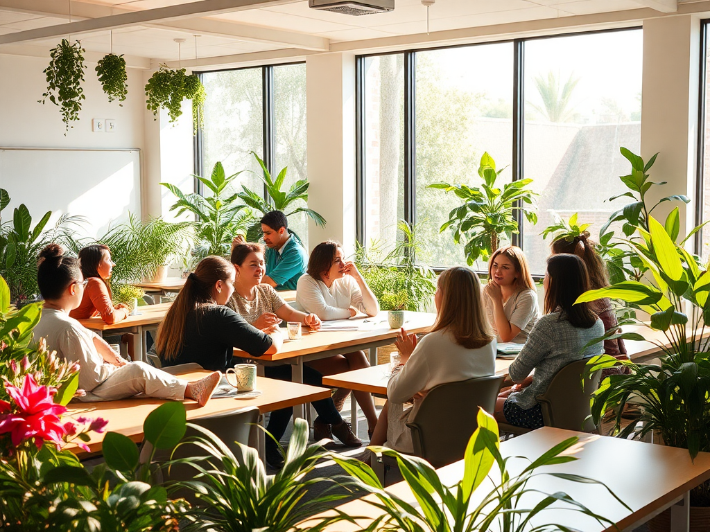 Een rustige klaslokaal met diverse deelnemers in gesprek.