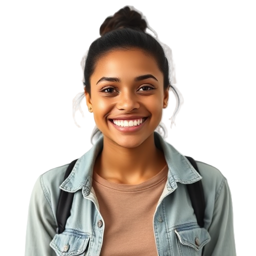 Een lachend persoon voor een witte achtergrond.