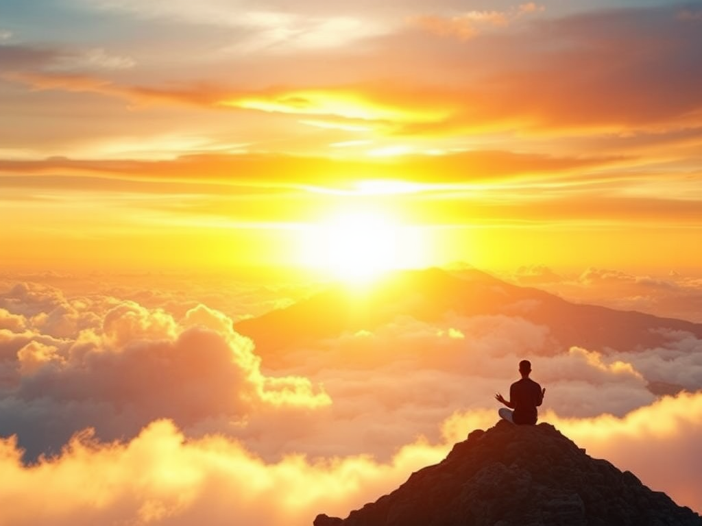 Een persoon mediteert op een bergtop bij zonsopgang.