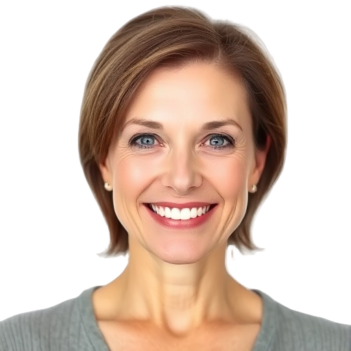 Een lachende persoon voor een witte achtergrond.