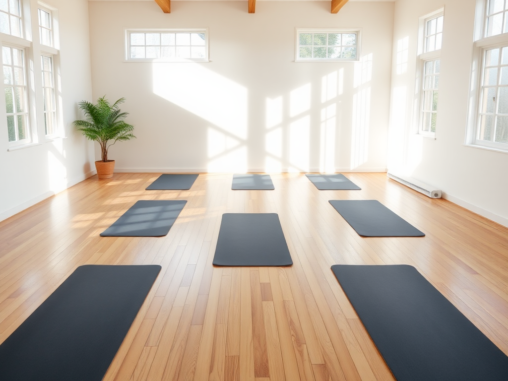 Een serene yogastudio met houten vloeren en matten.