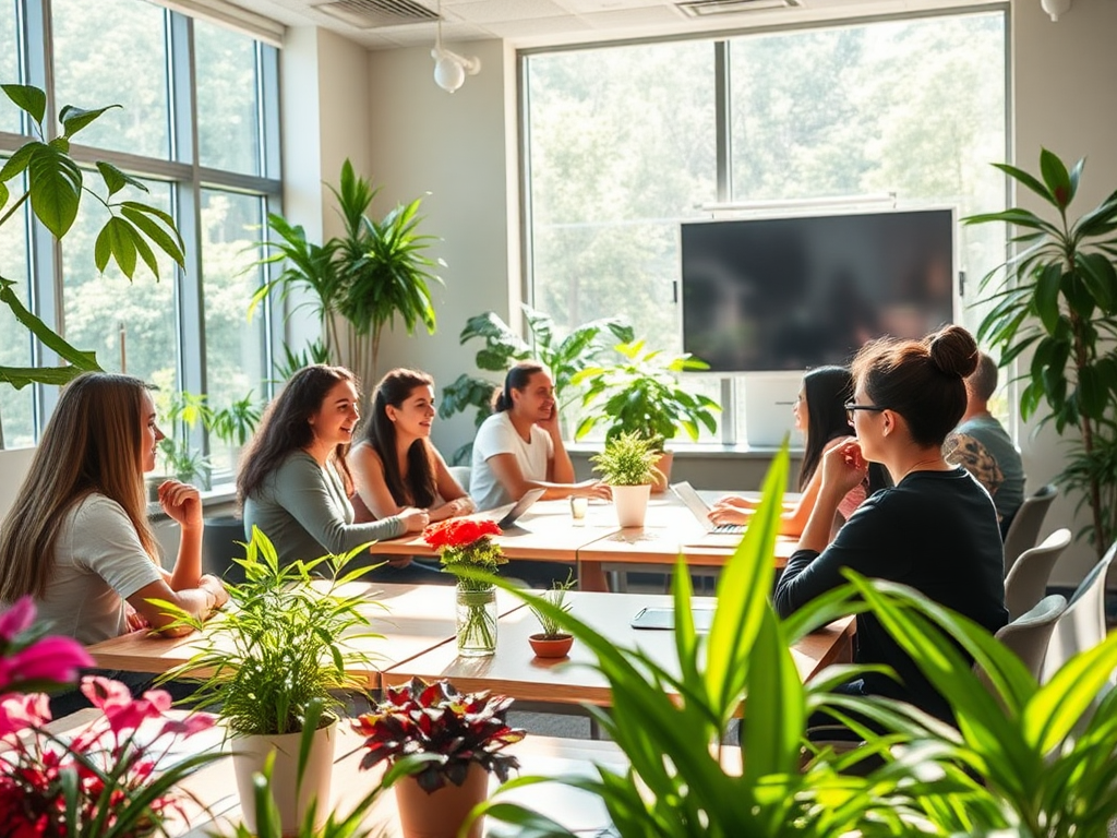 Een rustige klaslokaal met diverse deelnemers in discussie.