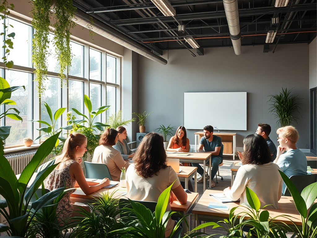 Een klaslokaal met diverse deelnemers in gesprek, omringd door planten.